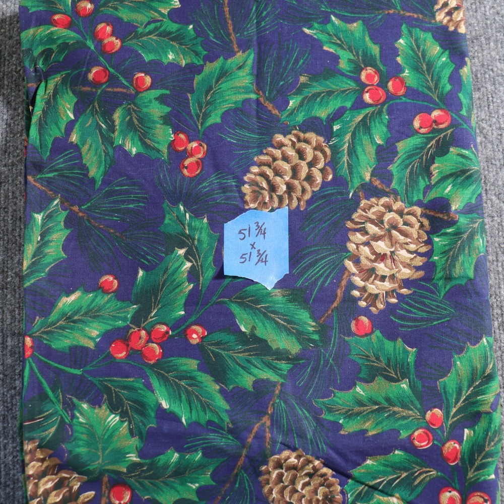Vintage 90s Christmas Holly Berries Pine Cotton Tablecloth 52" Square Navy Green